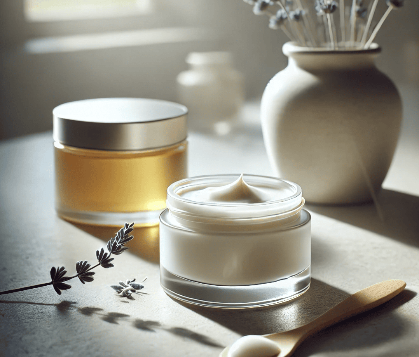 Small cosmetic jar of whipped tallow balm beside lavender and beeswax.